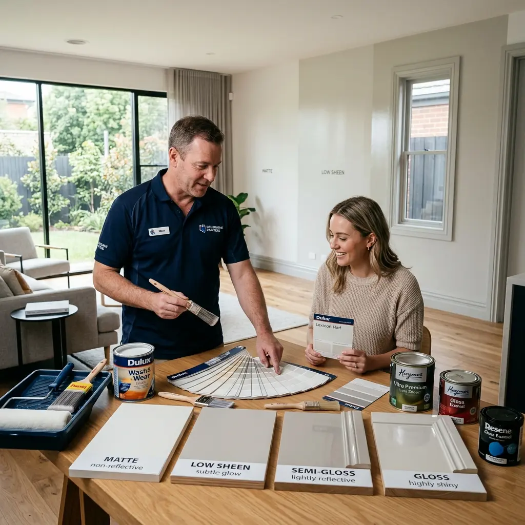 Painter and homeowner selecting paint colours and finishes with sample swatches indoors