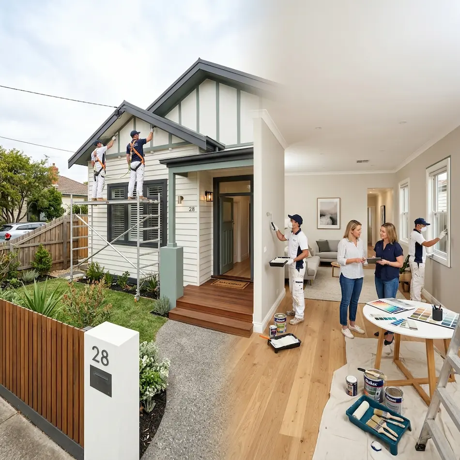 Interior and exterior home repainting project with coordinated colours and professional painters