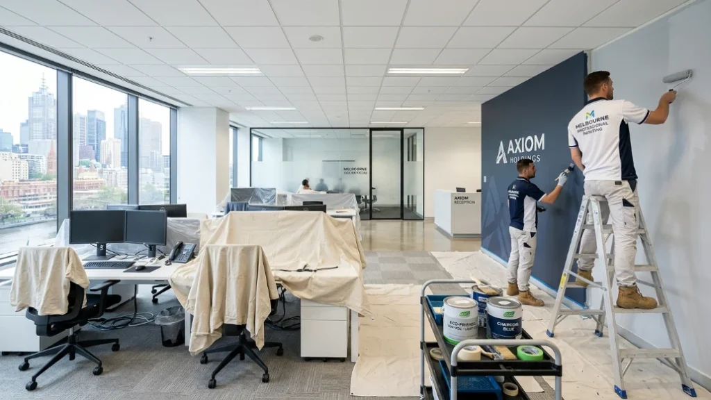 Commercial painters in Melbourne working in a modern office with clean, protected workspace and fresh walls.