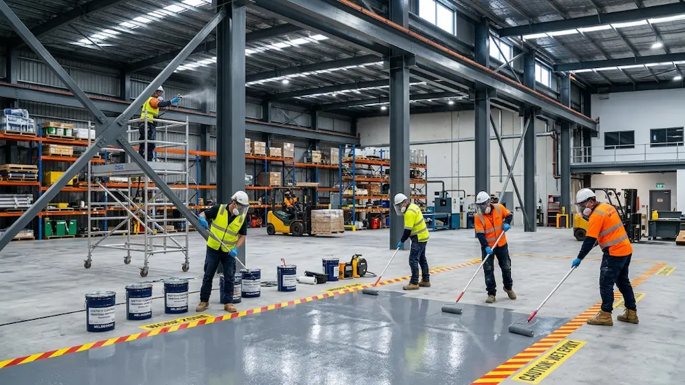 Industrial painters applying epoxy floor coating in a warehouse with safety markings and protective gear.
