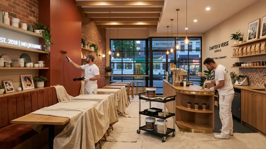 Painters working in a stylish café with neatly covered furniture and fresh branded walls.