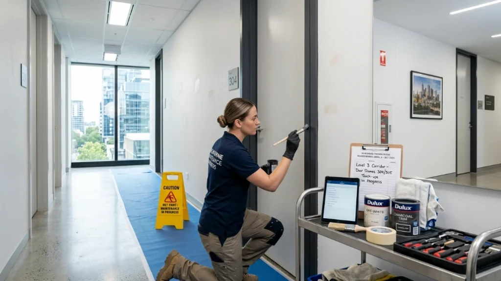 Painter performing detailed maintenance touch-ups in a clean commercial hallway with tools and inspection notes.
