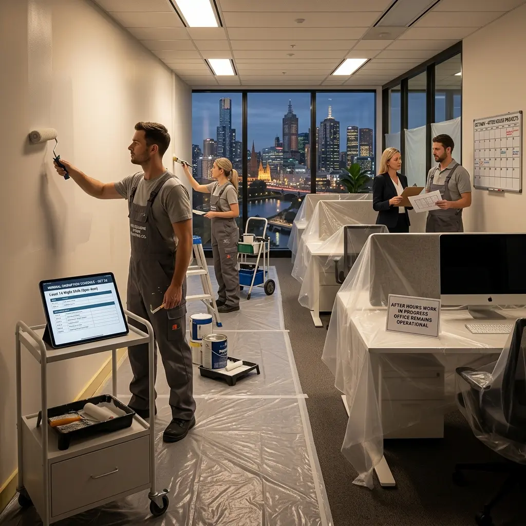 Painters working after hours in a commercial space with clean setup